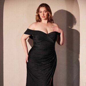 NEW OFF SHOULDER LONG PLUS SIZE DRESS W/ SWEETHEART NECK & SEXY LEG SLIT CD790C